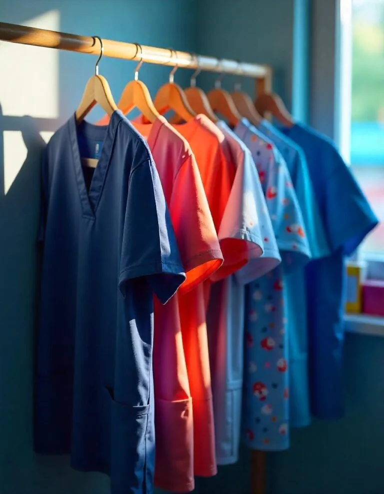 Uniformes médicos (scrubs) colgados en un rack de tienda