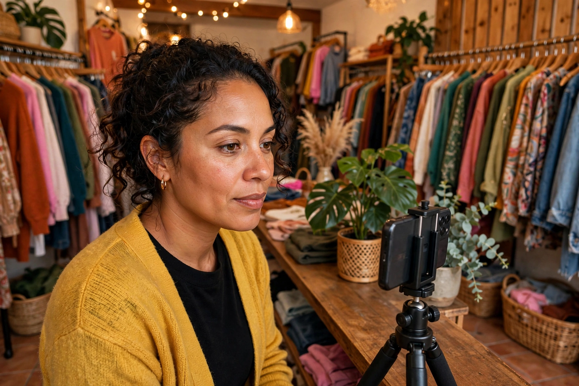 Dueña de boutique grabando un video corto con su teléfono en un tripié