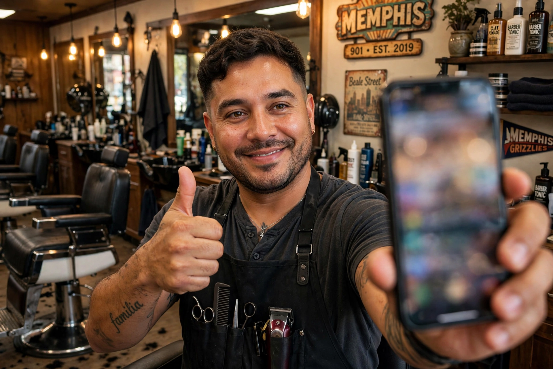 Barbero grabando un video con su teléfono en su barbería