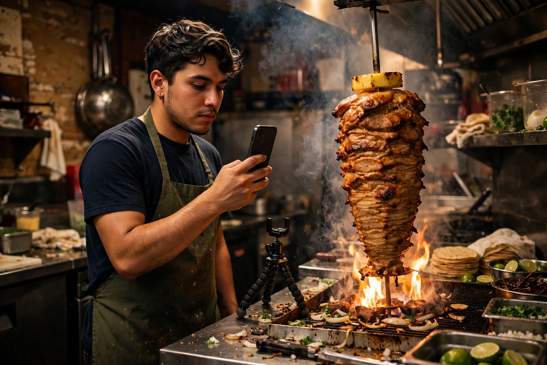 Cocinero grabando tacos al pastor con su teléfono en la cocina