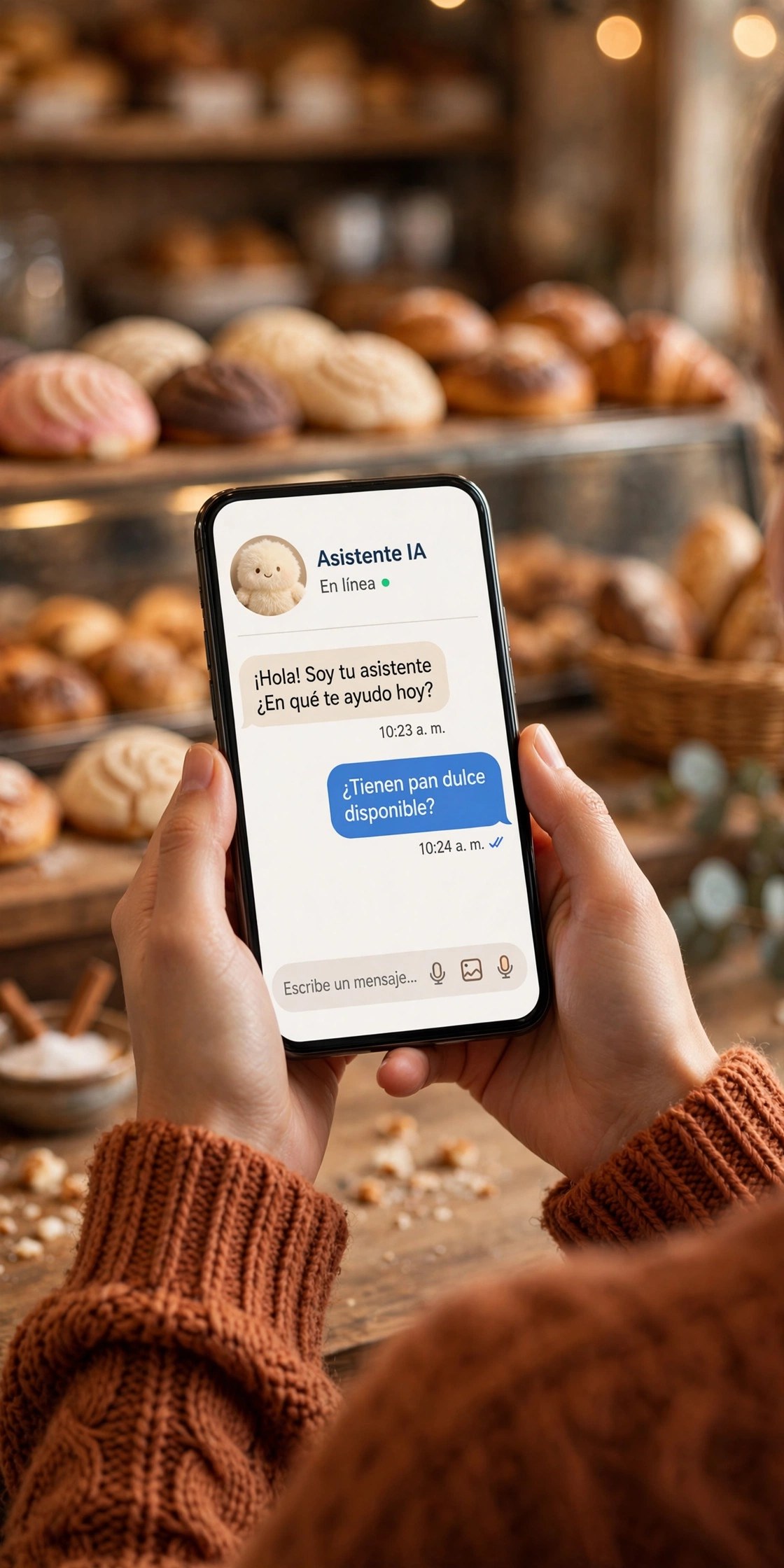 Manos sosteniendo un teléfono con el asistente de IA contestando mensajes en español