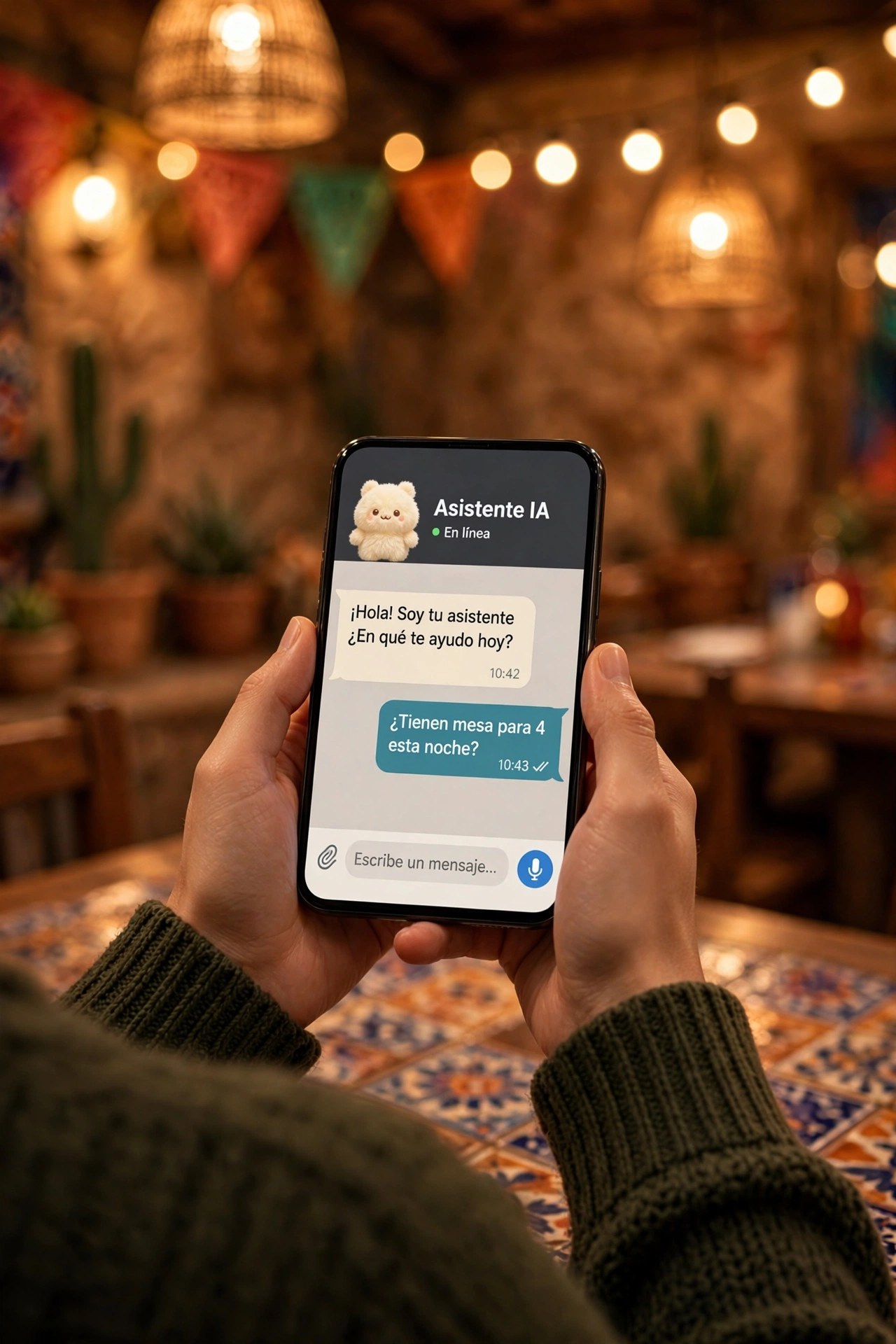 Manos sosteniendo un teléfono con el asistente de IA contestando sobre reservaciones en español