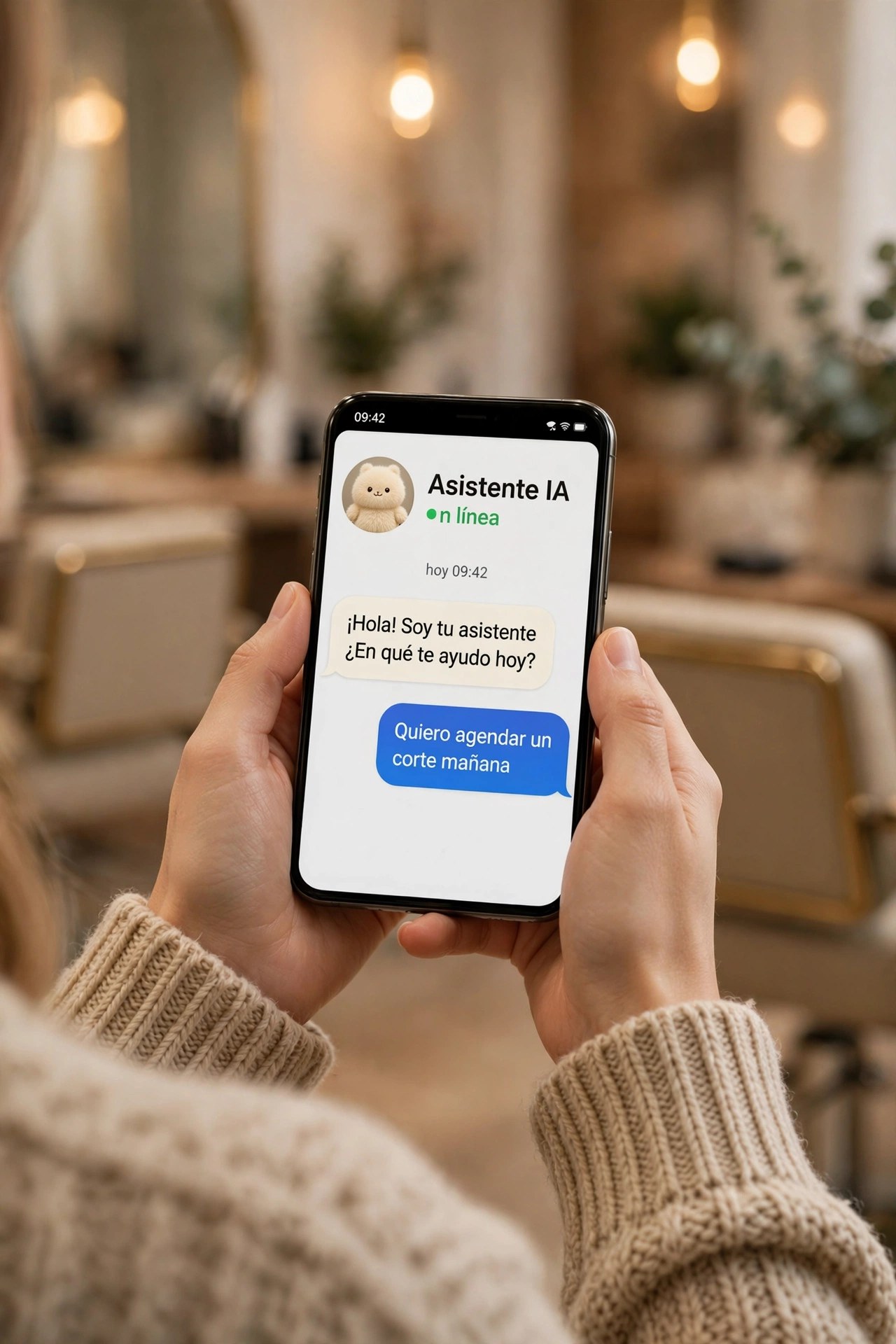 Manos sosteniendo un teléfono con el asistente de IA agendando un corte en español