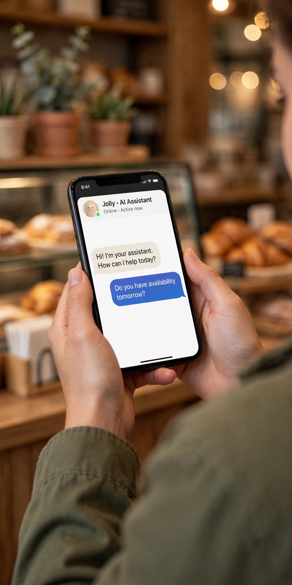Hands holding a phone with the AI assistant answering customer messages in English