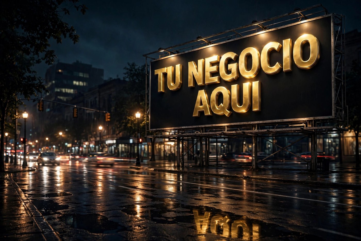 Valla que dice TU NEGOCIO AQUÍ en una calle de Memphis de noche